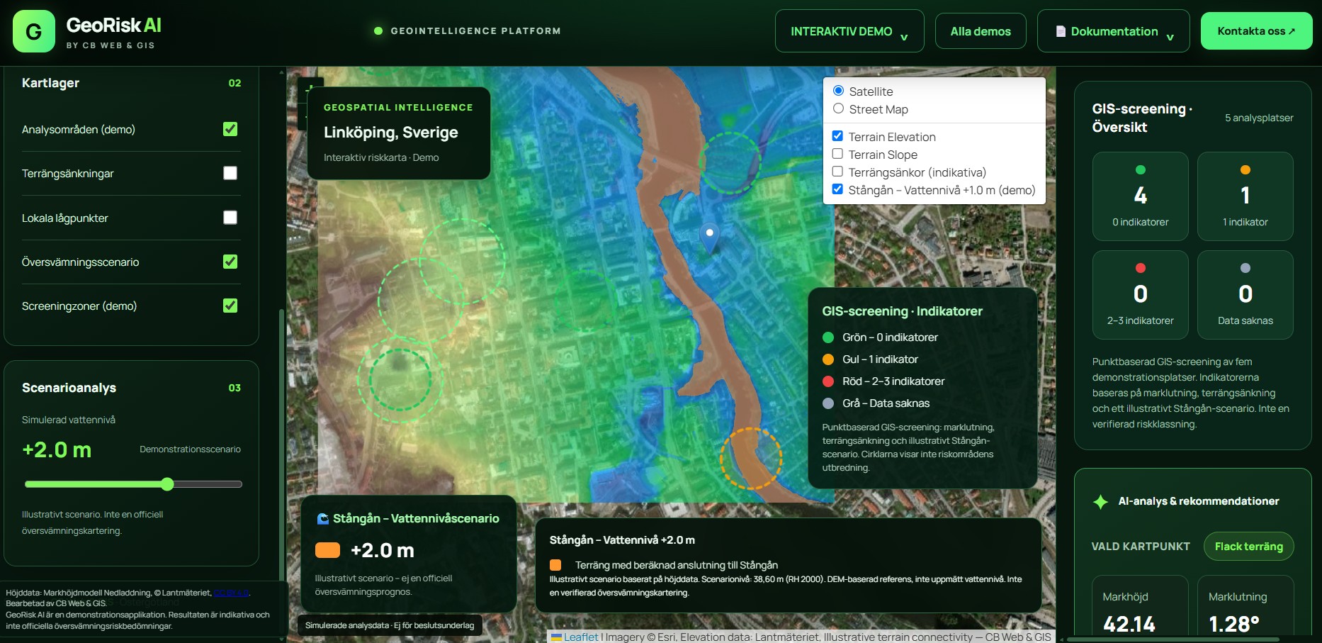 GeoRisk AI – interactive terrain analysis and illustrative water-level scenarios